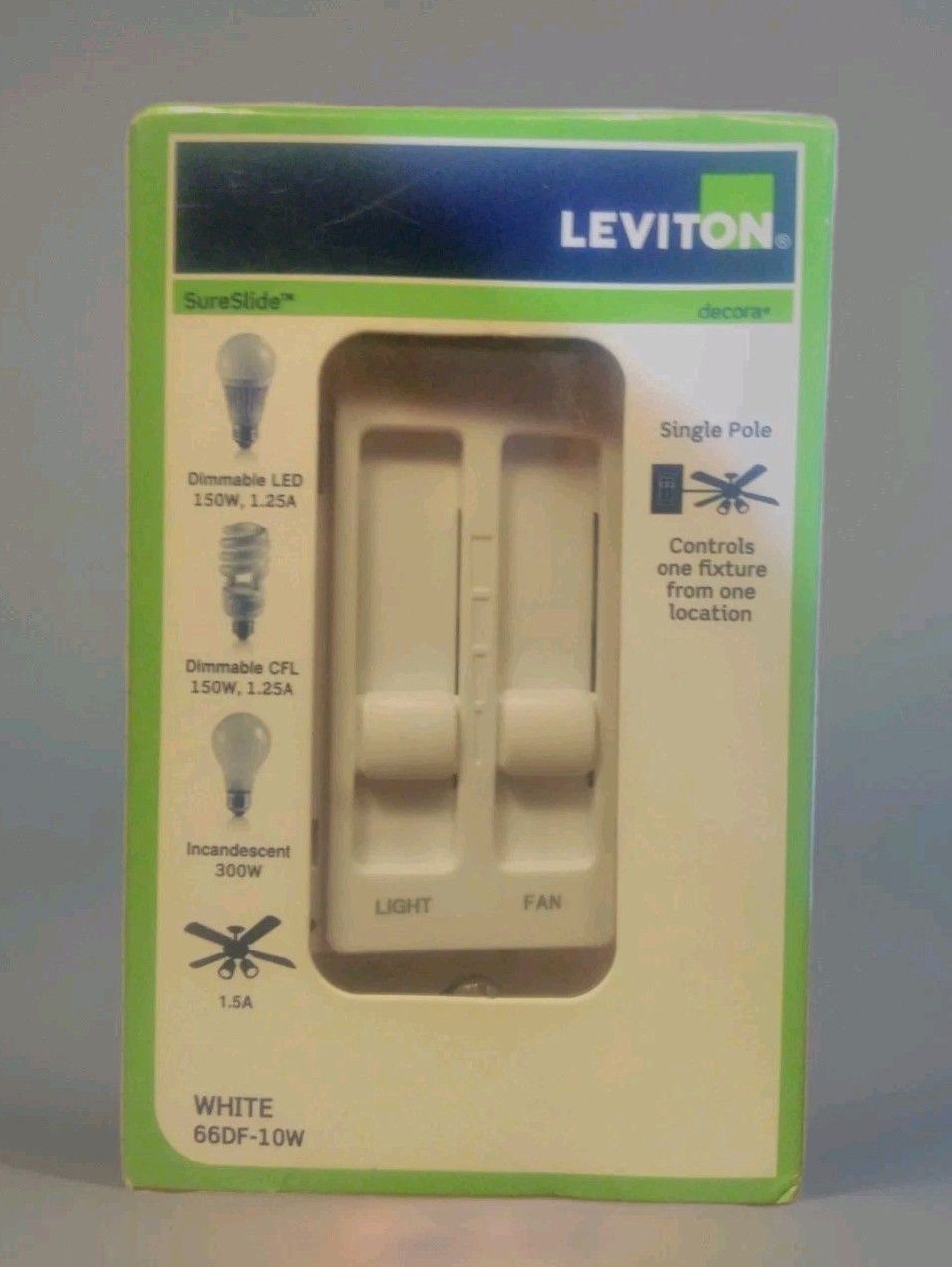 Leviton 66DF-10W Decora SureSlide Fan/LED Dimmer Switch (White) gallery