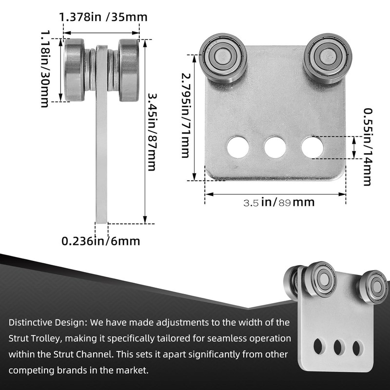 4PCS Trolley Assembly Rollers for 1-5/8" Strut Channel Four Bearing gallery