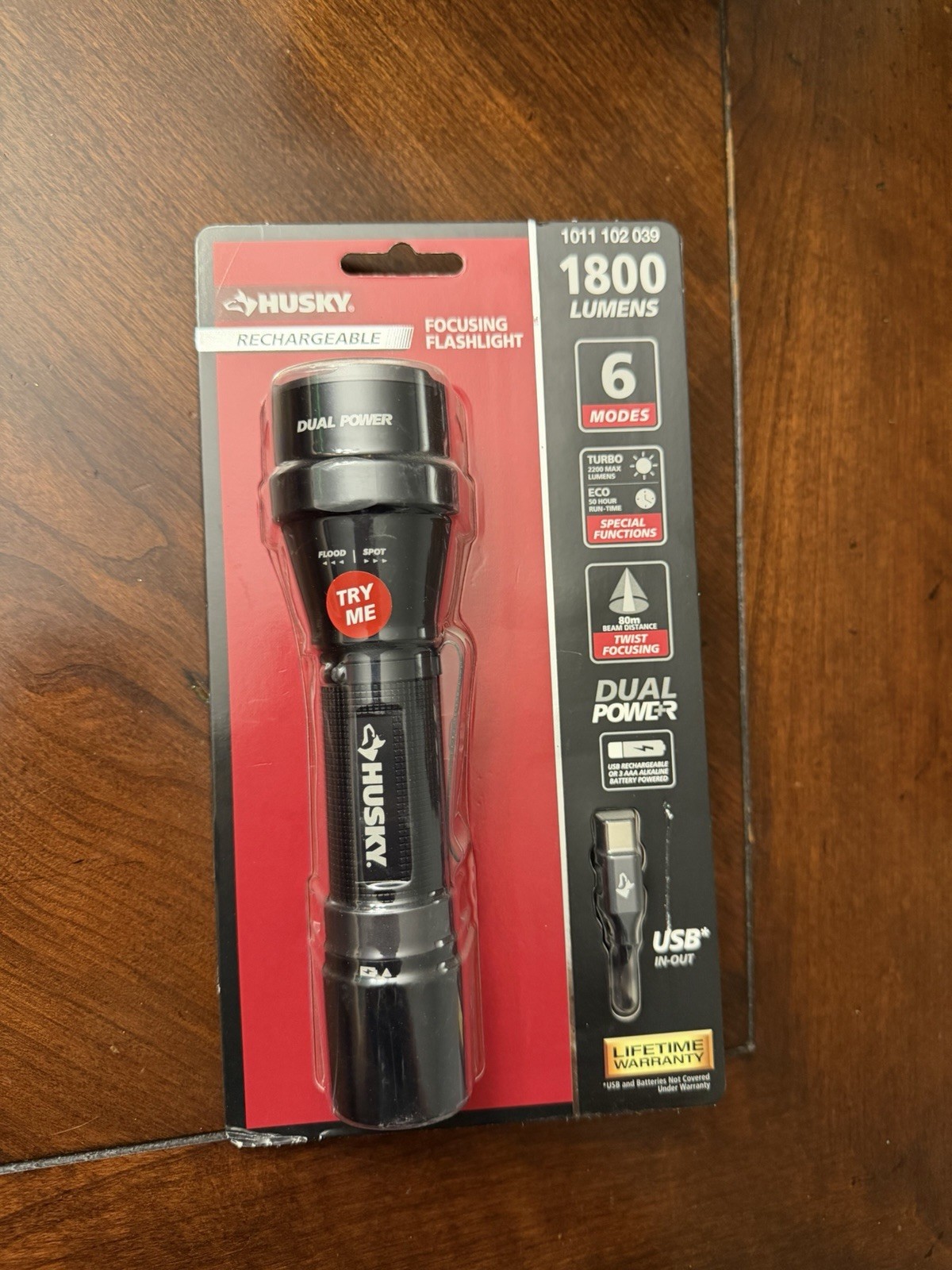 Husky Rechargeable LED Flashlight 1800 Lumens Dual Power Adjustable Focus USB gallery