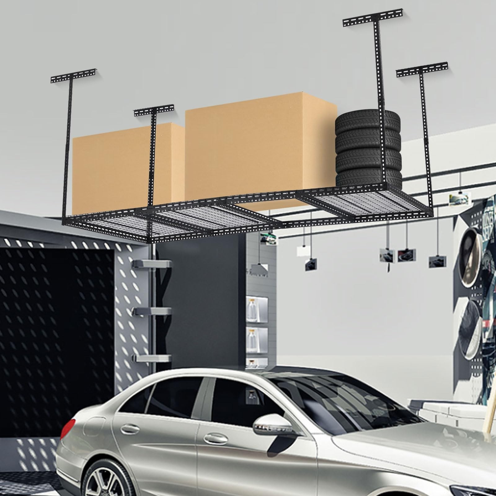 4X8FT Overhead Garage Storage Rack Ceiling Mounted Shelving w/6Vertical Posts gallery
