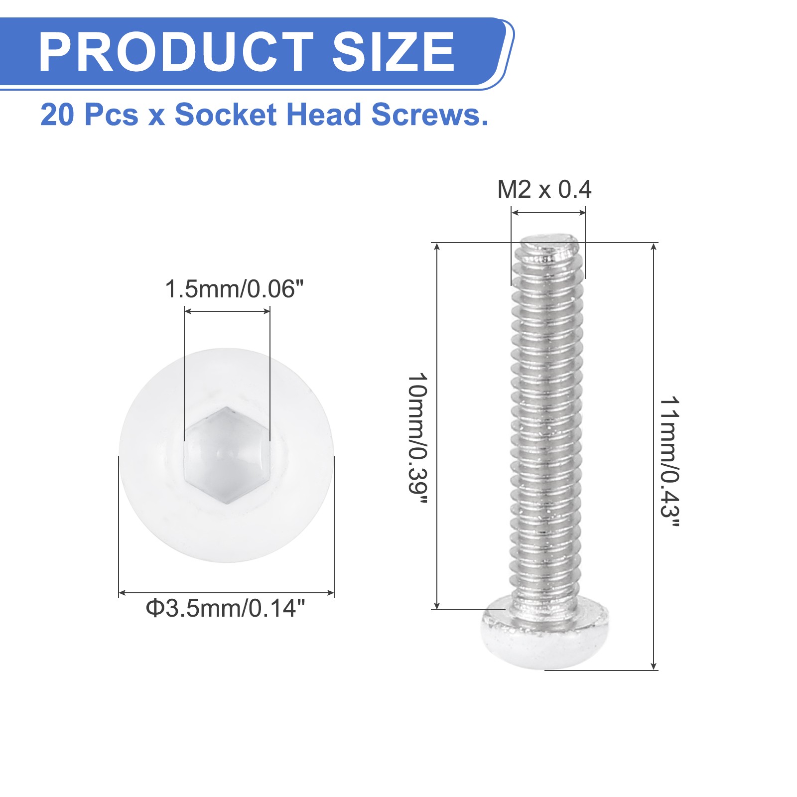 20 Pcs M2-0.4 x 10mm Button Head Socket Cap Screw Machine Screw, White gallery
