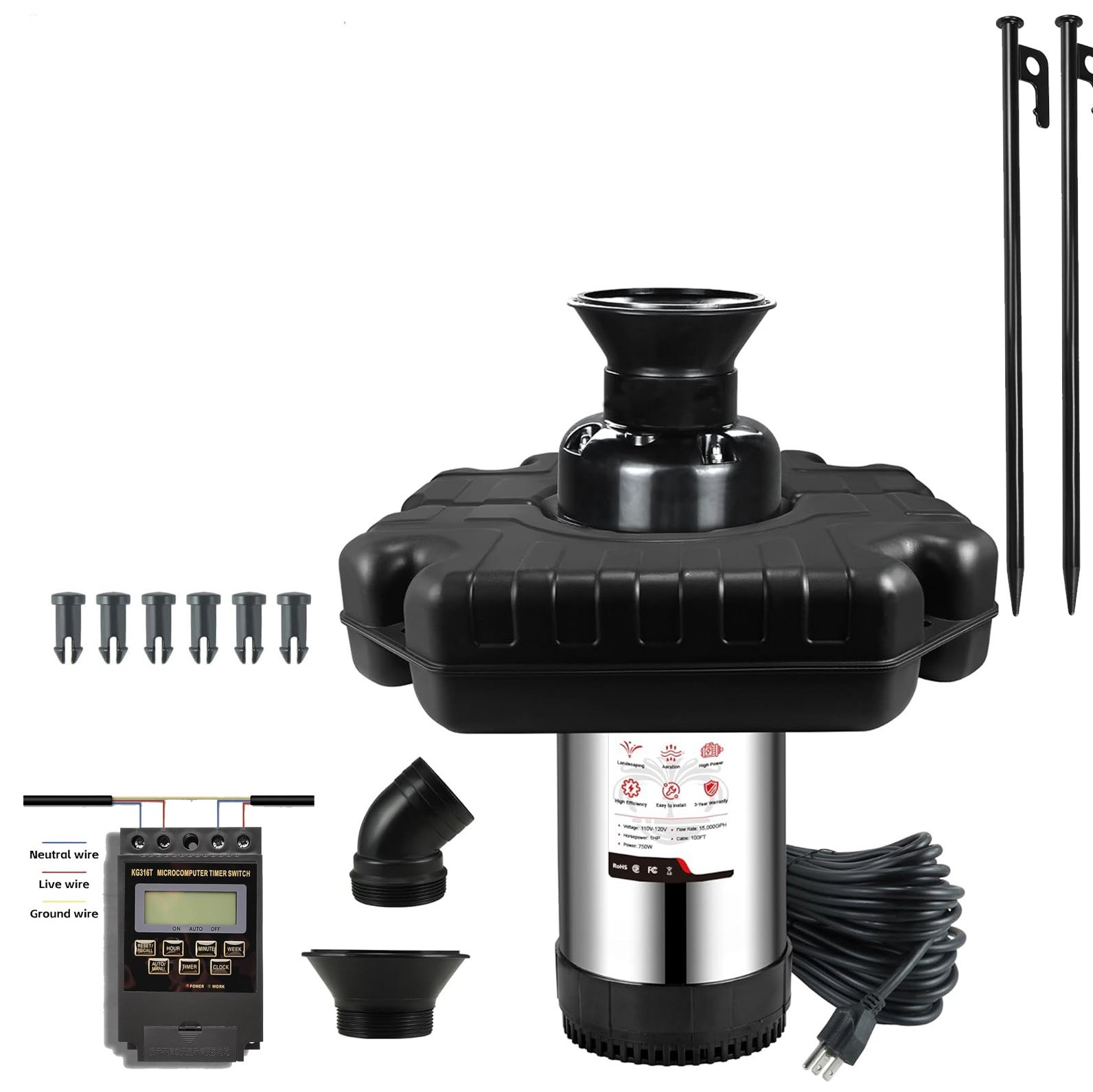 Floating Pond Fountain Aerator with LED Lights 1HP 15000GPH with 2 Spray Modes gallery