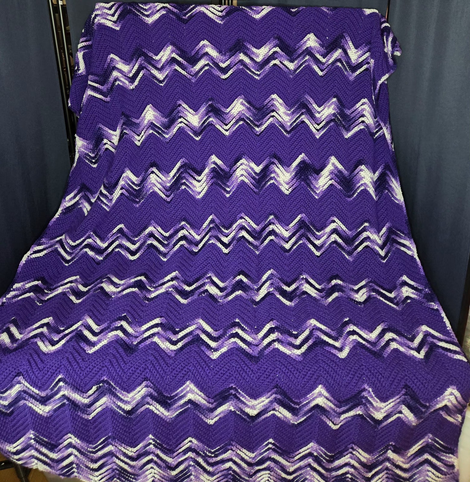 Afghan NEW Handmade Crochet Throw 50”x 52” Chevron Zig Zag Design Purples/White gallery