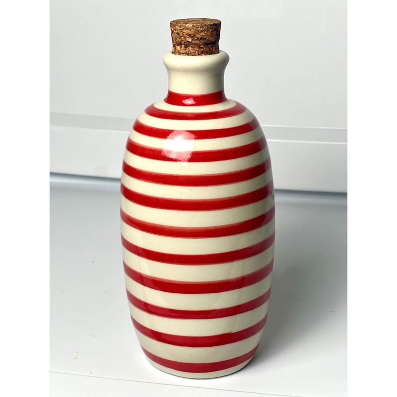 BeneOliva Hand Made Spain Ceramic Olive Oil Bottle Red Stripe Cork Stopper gallery