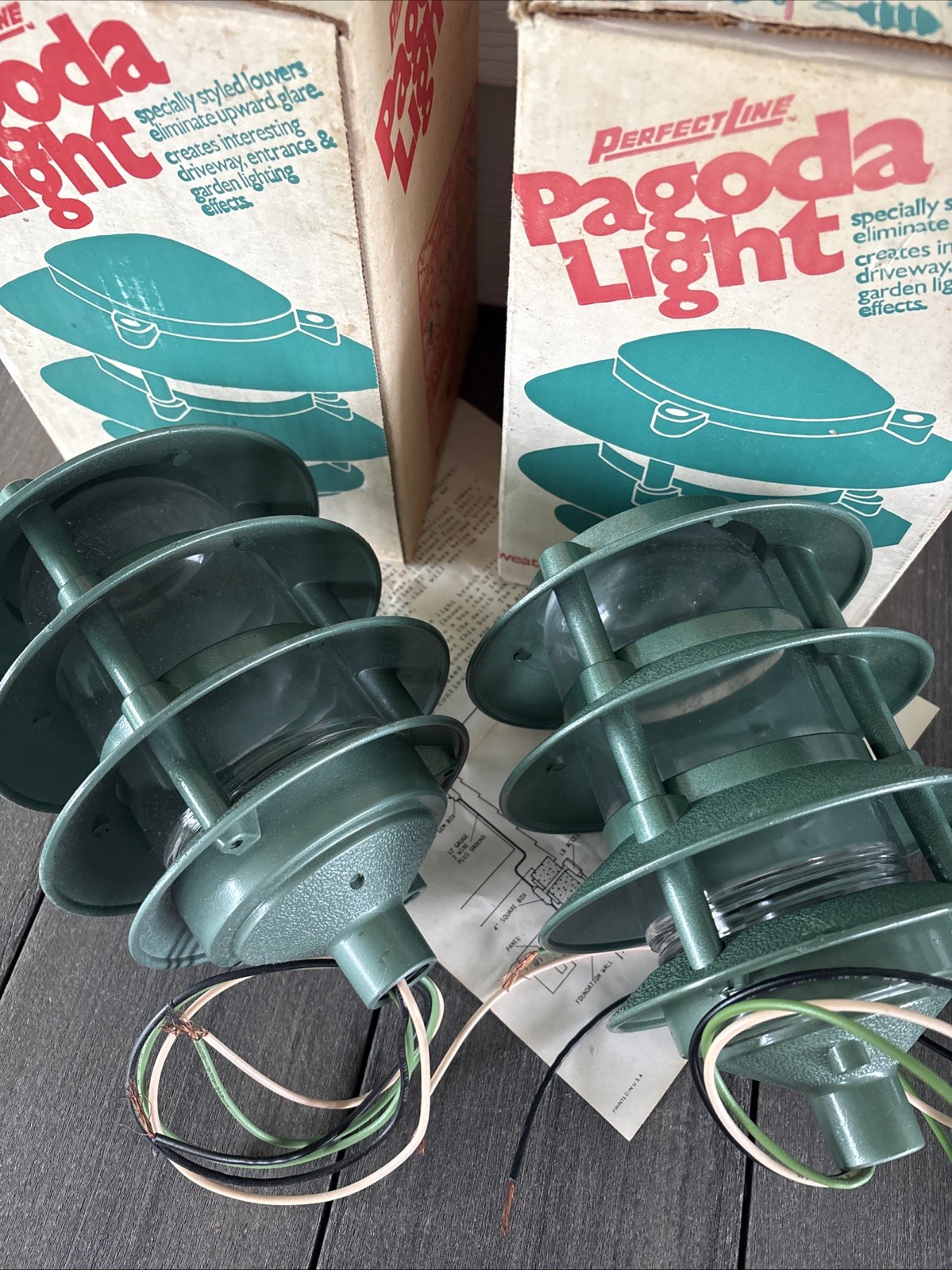 2 Vintage Perfect Line Model 400 4 Tier Pagoda Outdoor Lights Heavy Aluminum USA gallery