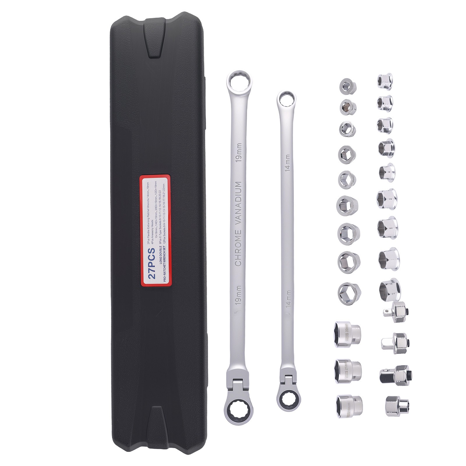 180° Flex Head Ratchet Wrench Set 14mm 19mm Socket Kit Chrome Vanadium Steel gallery