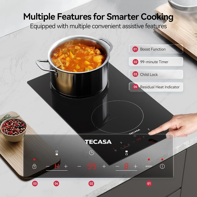 TECASA 12 Inch Induction Cooktop 3500W 2 Burner Touch Control 240V 9 Power Level gallery