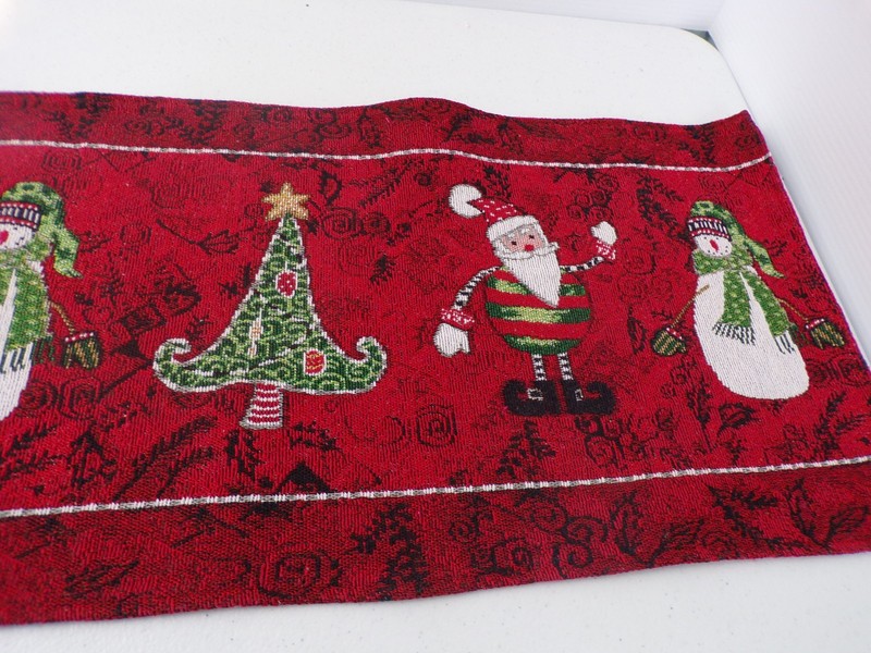 Christmas Runner Tapestry Table Trees, Santa, Snowman Red 12" x 70" Long gallery