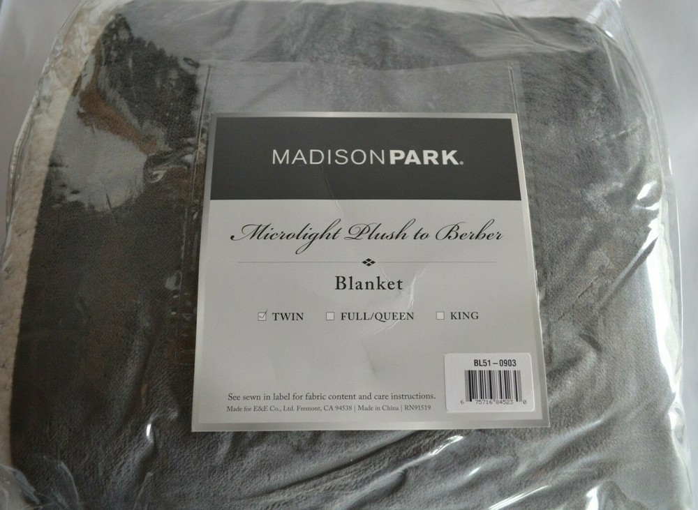 Madison Park Twin Blanket Microlight Plush to Berber 66" x 90" Grey