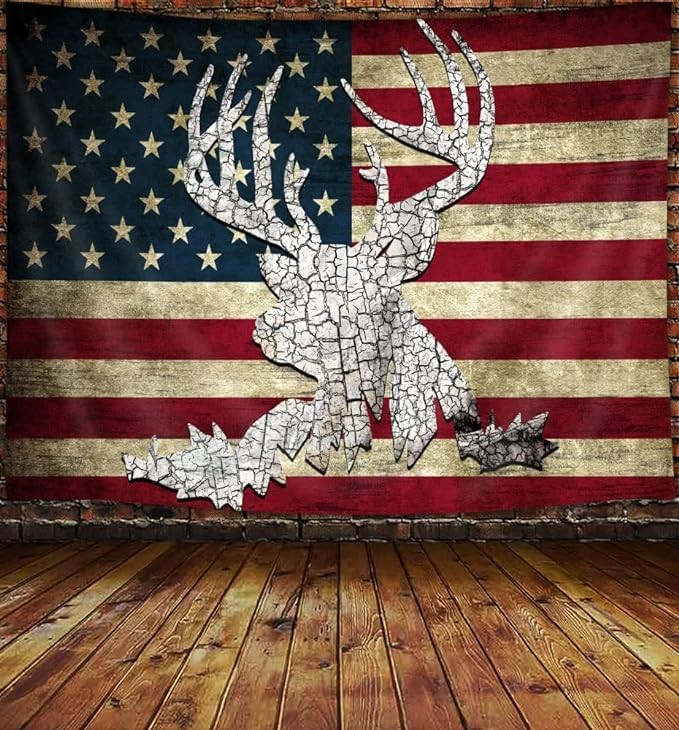 American Flag Hunting Deer Tapestry, Western Red and White 60"L x 40"W red gallery