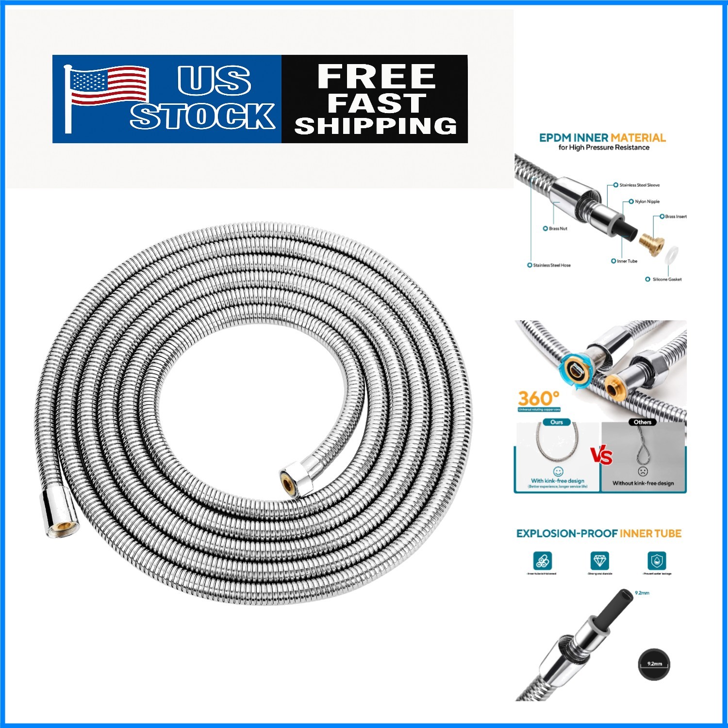 196 Inch Shower Hose - Flexible Stainless Steel with 360 Degree Rotation gallery