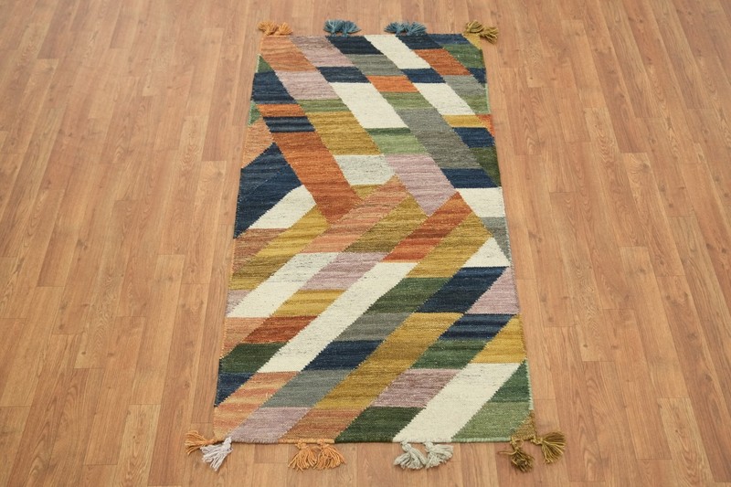 Modern 3x5 Geometric Zigzag Weave Wool Accent Rug in Multicolor Hues gallery