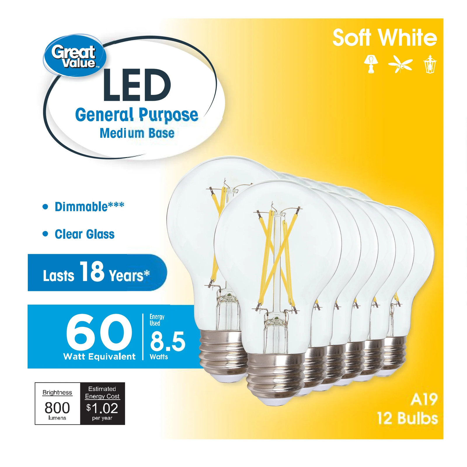18YR A19 LED Light Bulb, 8.5W(60W Equivalent) Dimmable Soft White E26 Medium Bas gallery