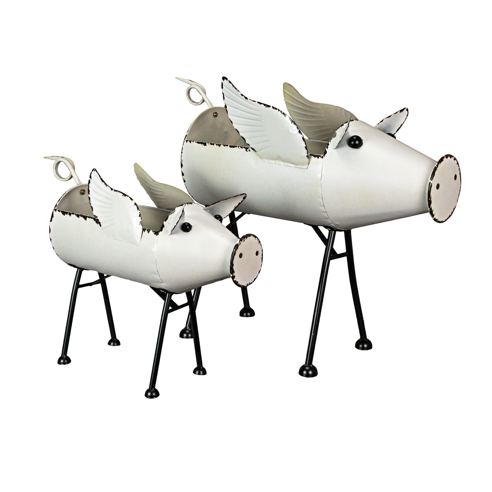 Rustic White Painted Galvanized Metal Flying Pig Standing Planters Set of 2 gallery