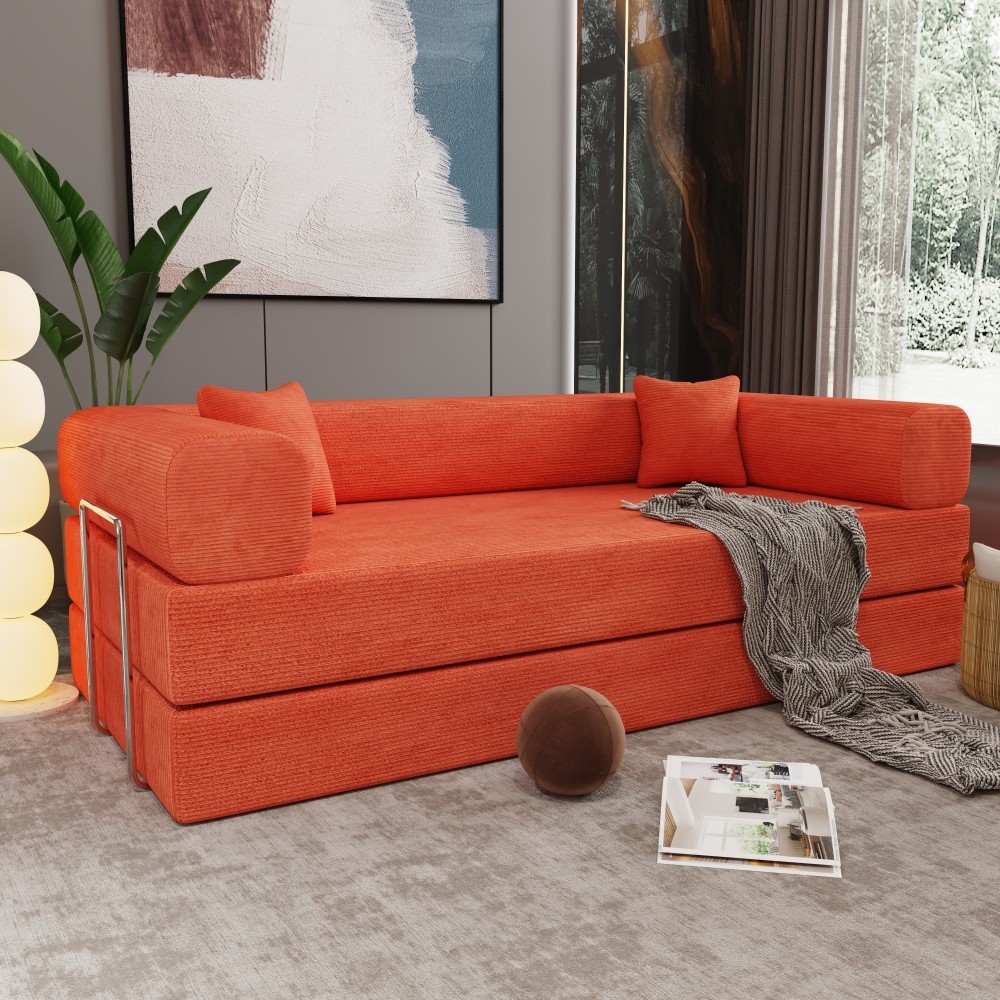 Sleeper Sofa Bed 2-Seater Convertible Couch Corduroy Foam Orange gallery