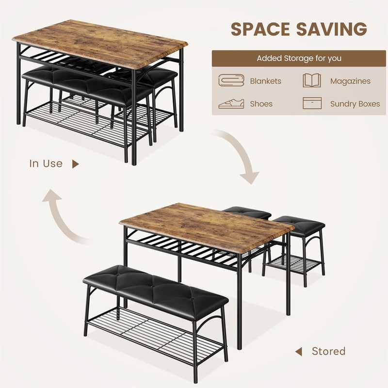 Dining Table with Bench and 2 Square Stools Dining Table Set for 4 with Storage gallery