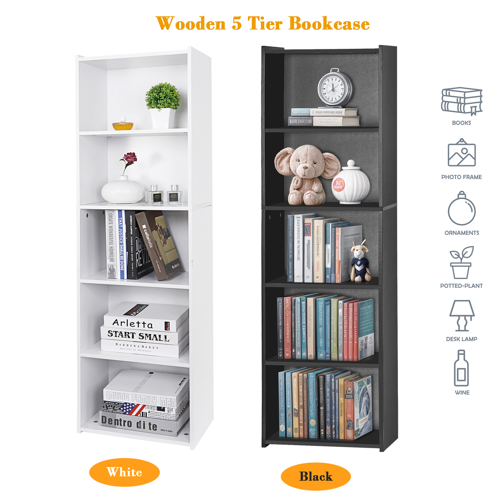 5-Tier Bookcase MDF Bookshelf Open Shelf Cube Storage Organizer Unit Black/White gallery