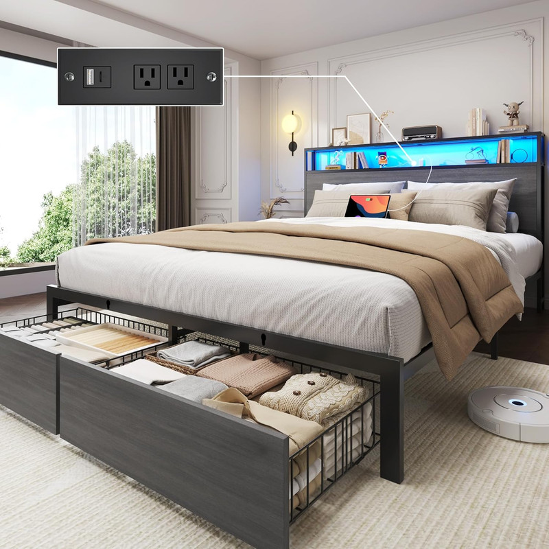 Queen Bed Frame LED Storage Headboard Drawers Charging Metal Rustic Grey gallery