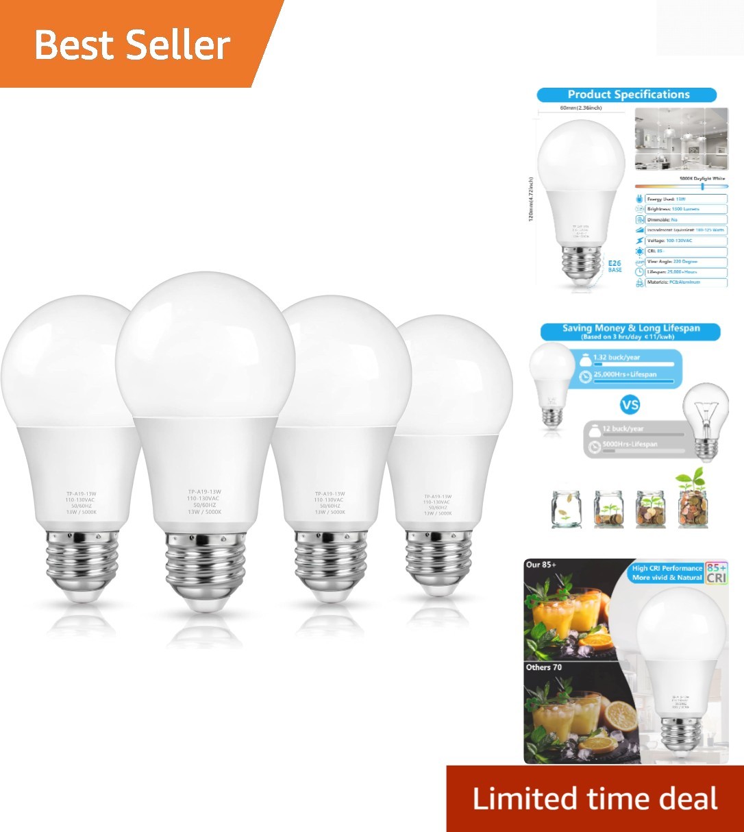 Super Bright 1500LM A19 LED Bulbs, 100W Equivalent, 4-Pack, Daylight White 5000K gallery
