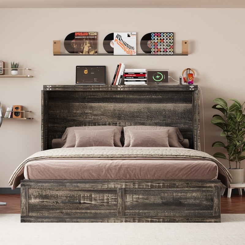 Queen Murphy Bed with Charging Station,Farmhouse Murphy Cabinet Bed w/Drawer gallery