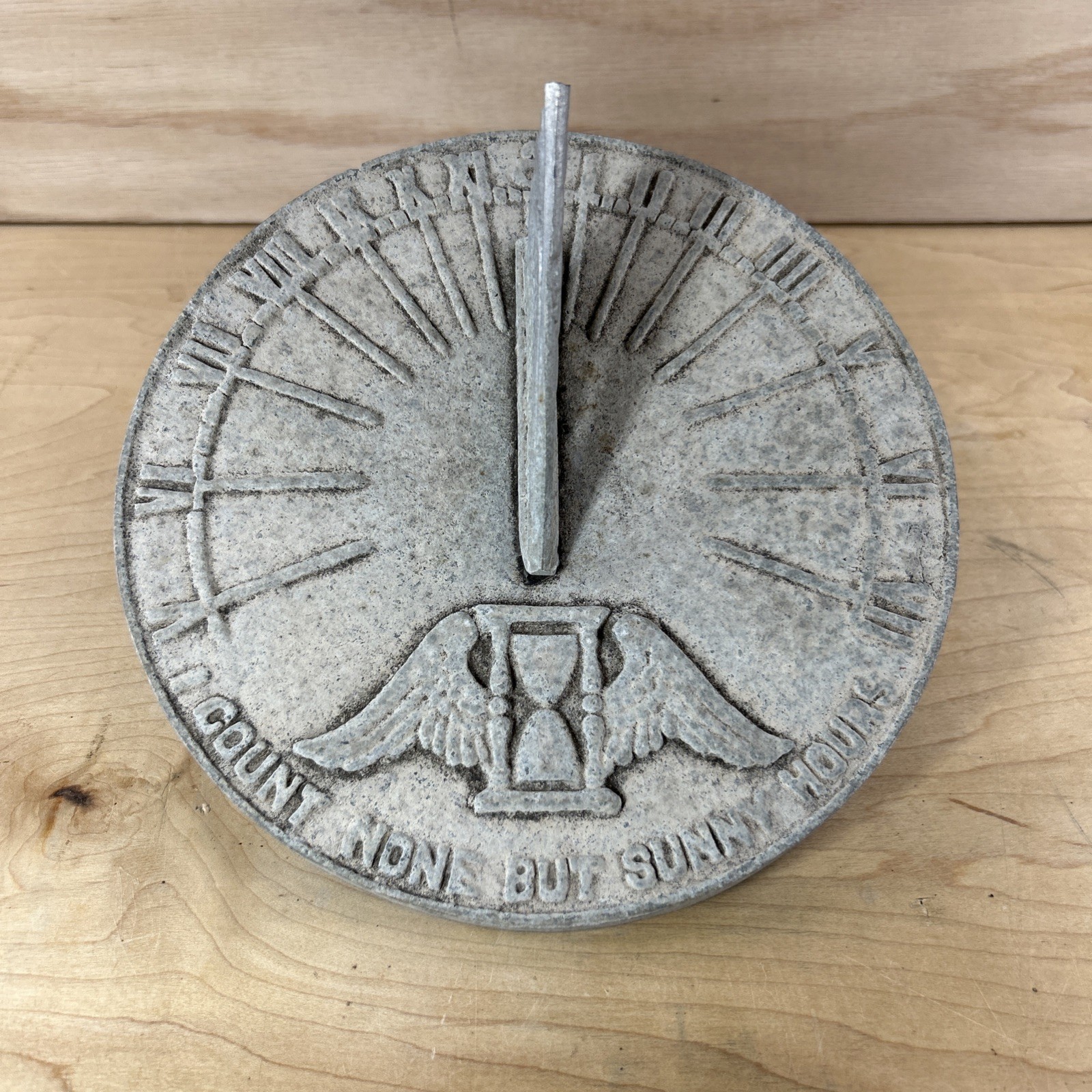 VTG 9” Sundial “I Count None But Sunny Hours” Winged Hourglass Garden Patina gallery