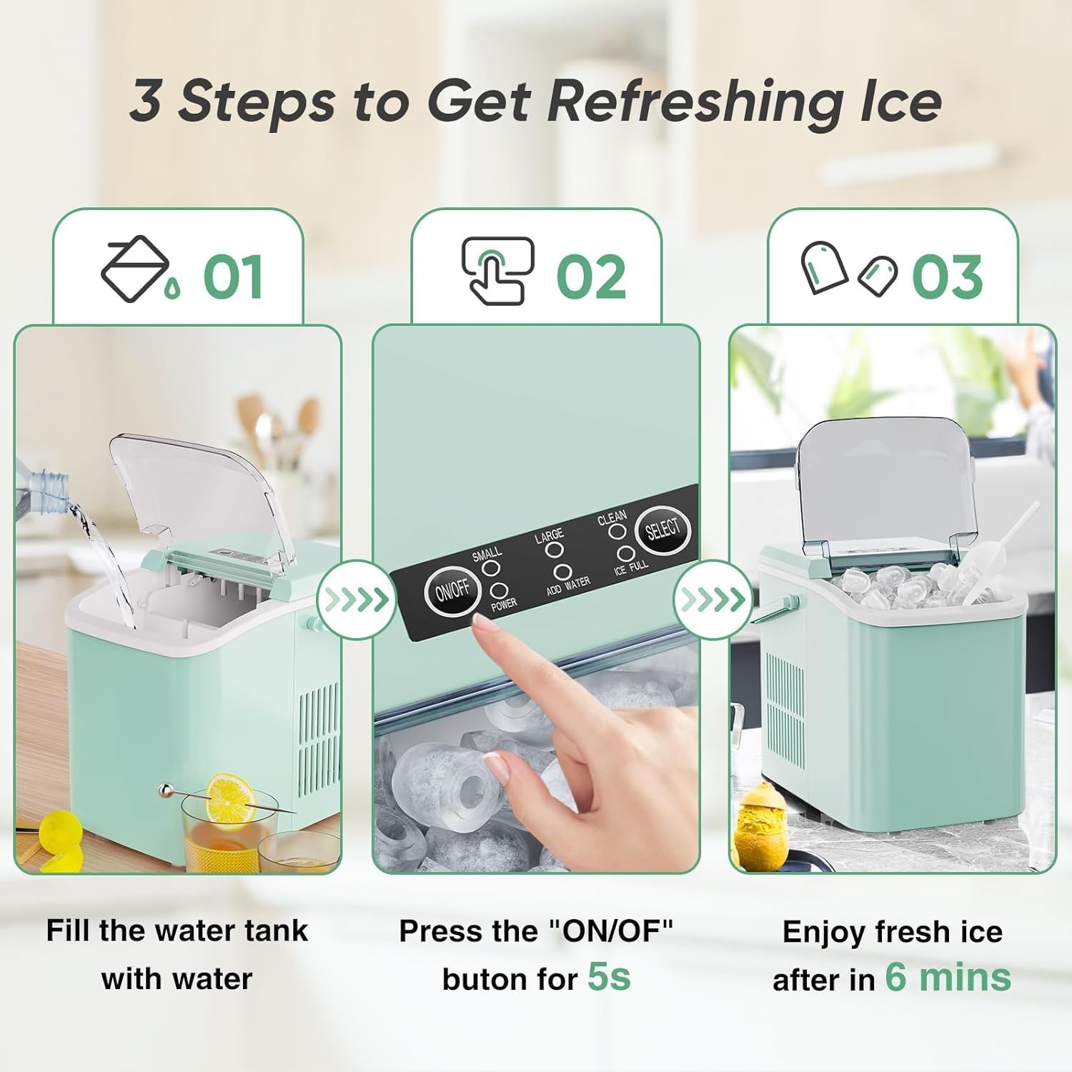 NEW Countertop Ice Maker Handle Fast 6 Mins 26lbs 24 Hours Portable Green gallery