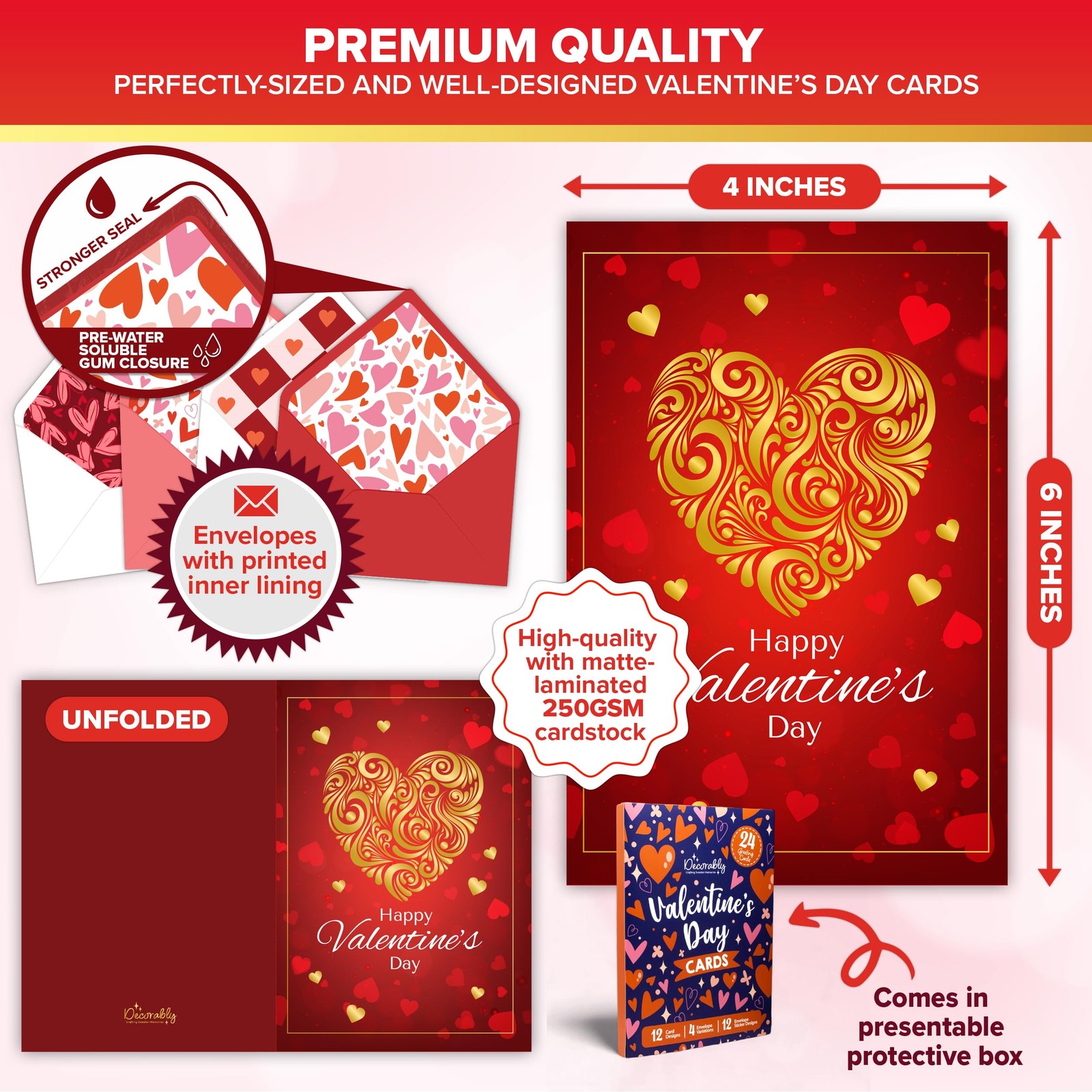Decorably 24 Pack 4x6in Valentines Cards with Envelopes and 4x6 inches, Red gallery