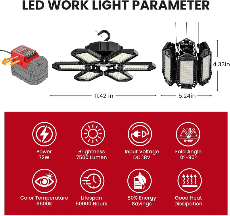LED Work Light Compatible with Milwaukee M18 Battery - 68W 6800LM Ceiling Flood gallery