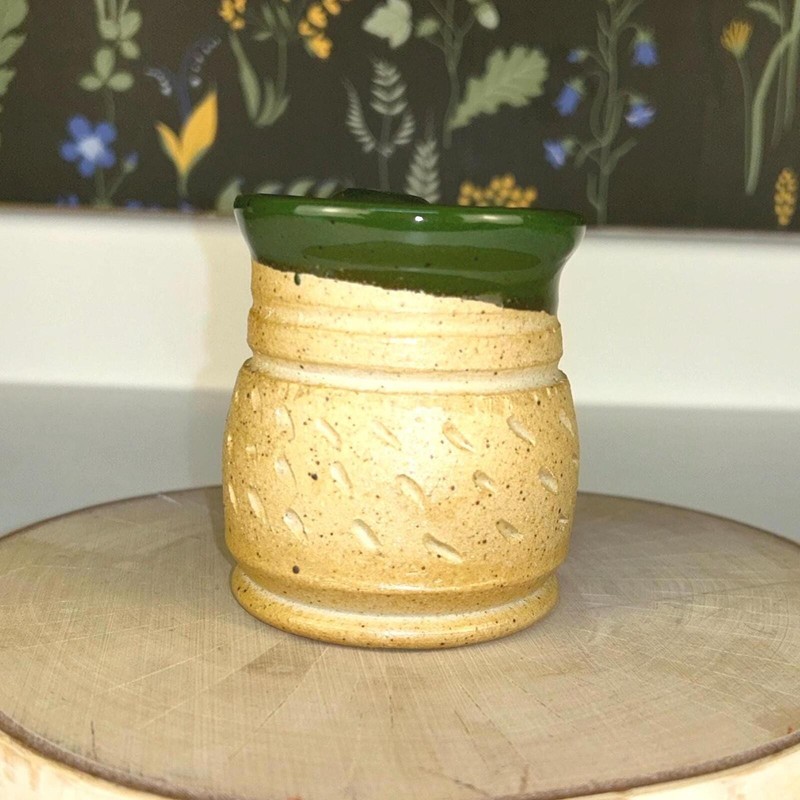 Rustic handmade studio pottery mug - etched tan with green speckled glaze gallery