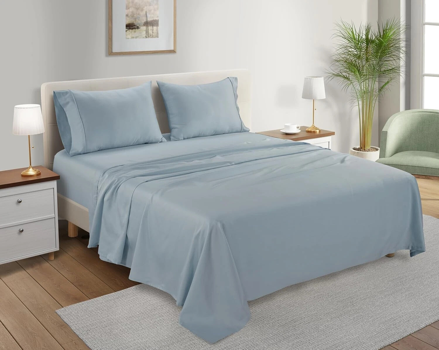 4PCS 100% Organic Cotton Sheet Sets King light Blue gallery