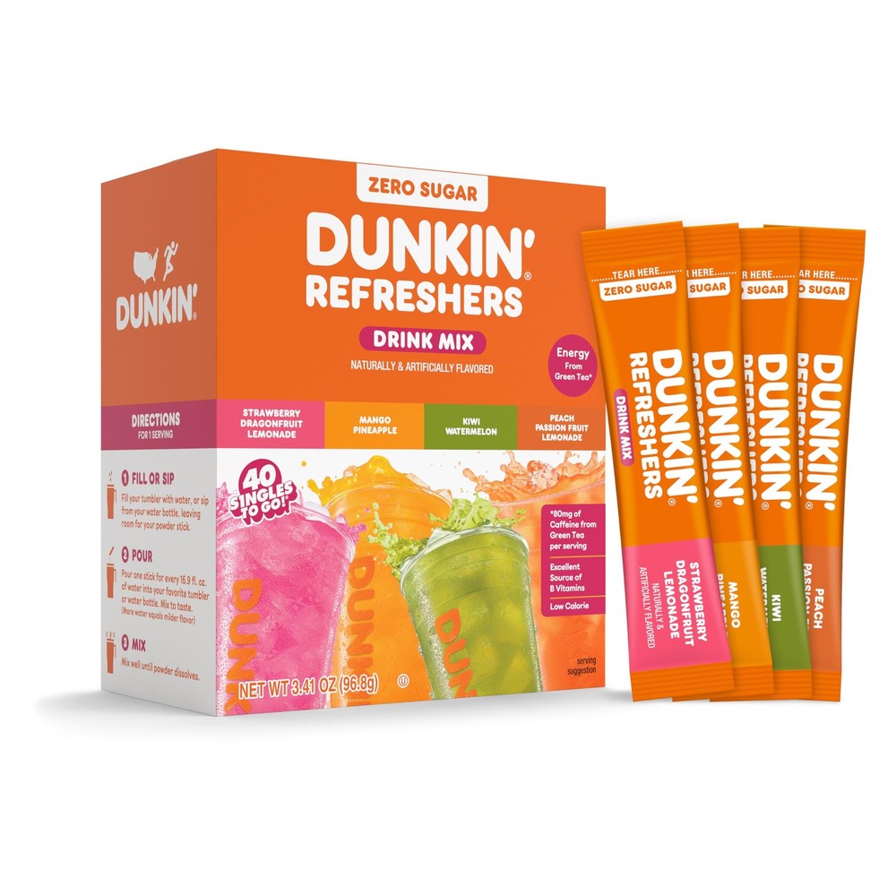 Dunkin’ Zero Sugar Refreshers Singles To Go! Powdered 0.09 Ounce (Pack of 40)