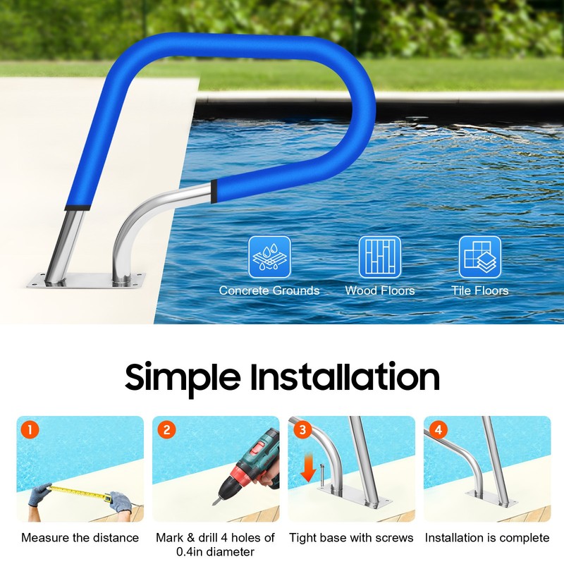 Stainless Steel Pool Handrail Rustproof Swimming Pool w/Blue Grip Cover 120kg gallery