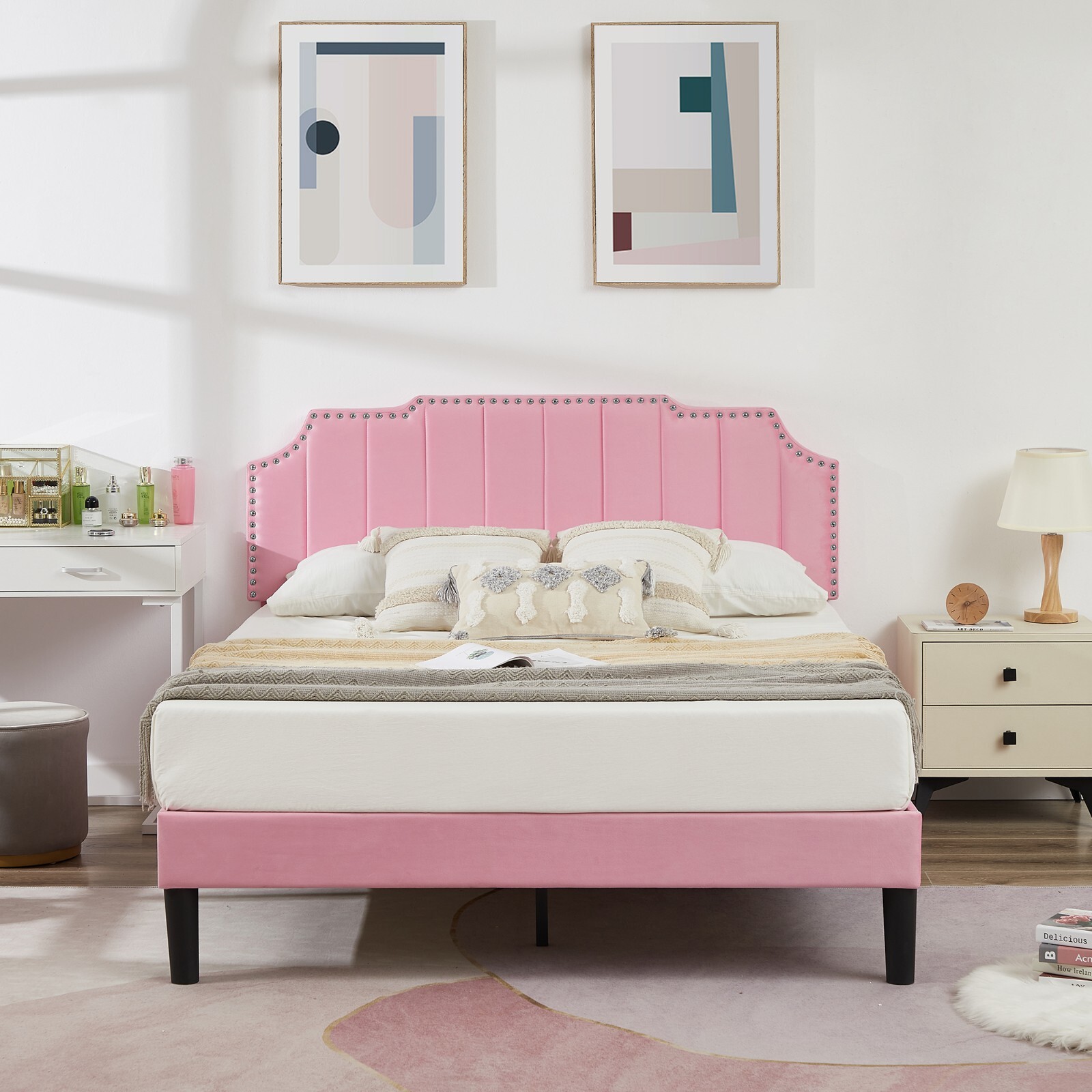 Upholstered Bed Frame Full Queen Platform with Headboard Footboard Wooden Slat gallery