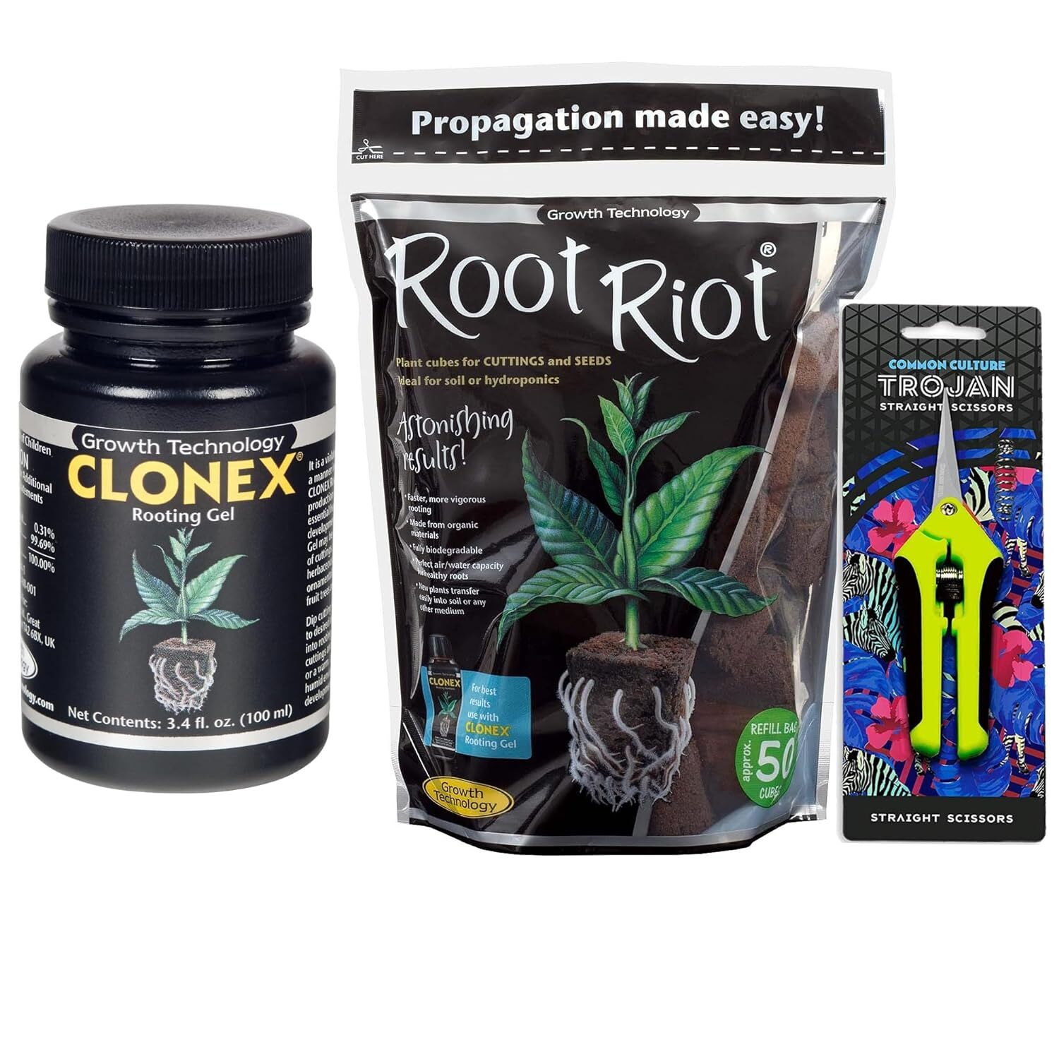 Clonex Rooting Gel 100ml + Root Riot Plugs 50 Pack + Trimming Scissors Bundle gallery