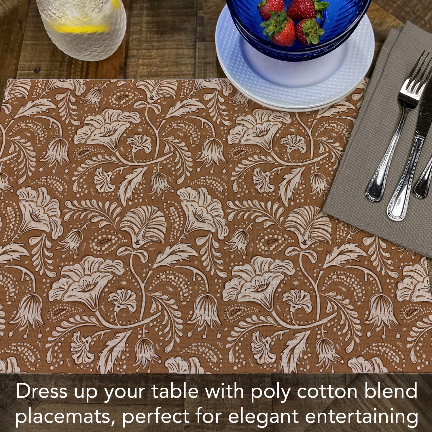 Mocha Farida Pattern 4-Pack Poly-Cotton Blend Placemats Manufactured in The USA gallery