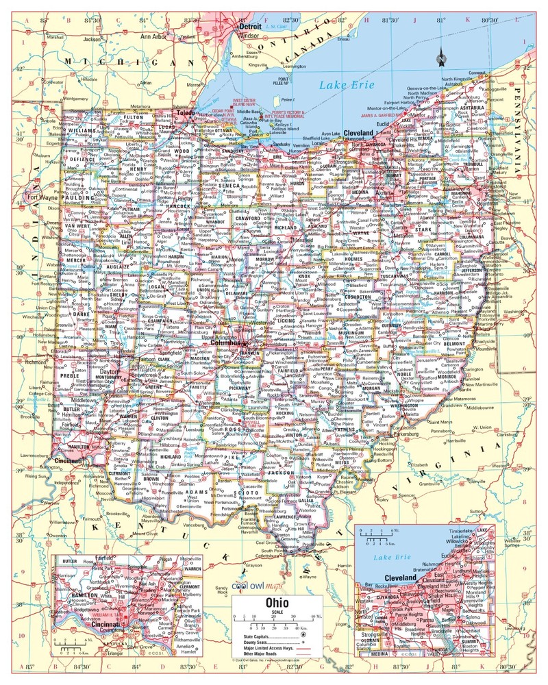 Ohio State Wall Map Large Print Poster - 24"Wx30"H