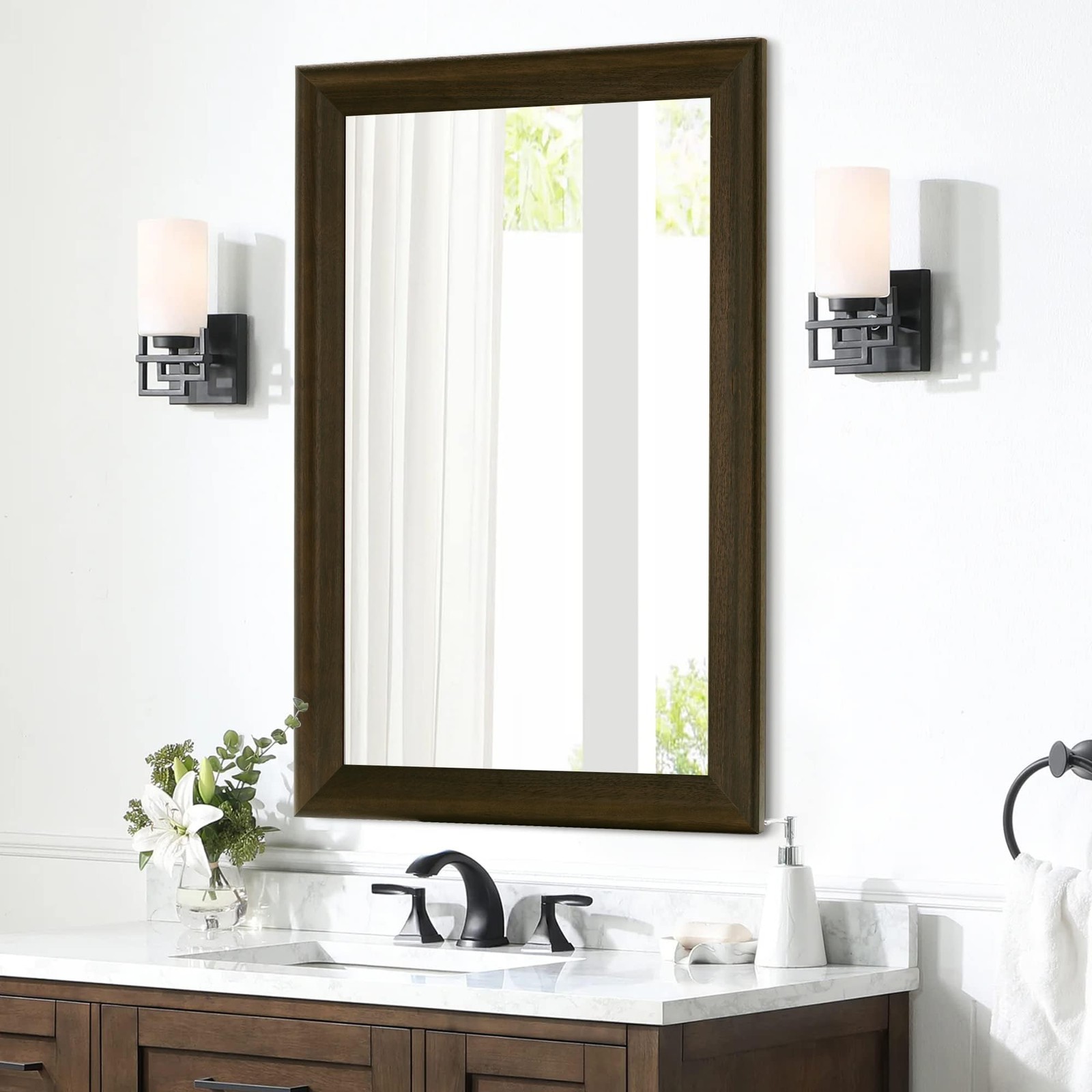 Mirror 24 x 36 inch Rustic Wood Frame Dark Walnut Bathroom CULER Wall Rectangle gallery
