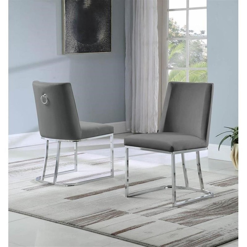 Double Minimalistic Dark Gray Velvet Side Chairs with Chrome Legs gallery