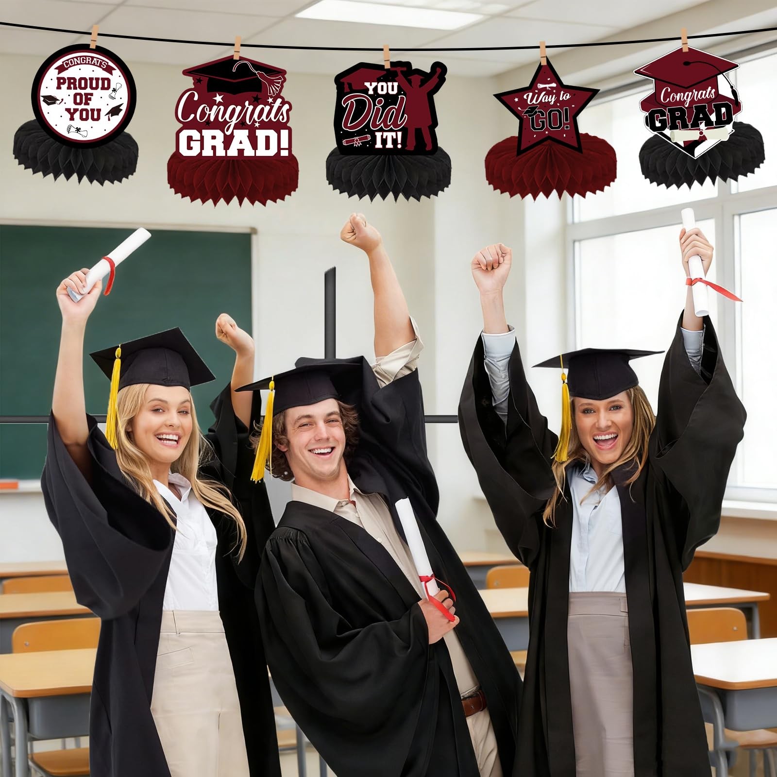 2026 Graduation Table Honeycomb Centerpieces, 9Pcs Maroon Black Congrats Grad... gallery