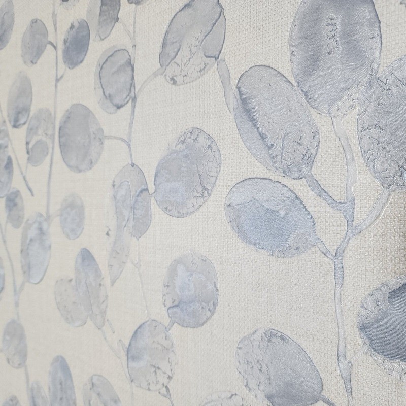 Off White silver- blue eucalyptus trail leaves faux fabric textured Wallpaper 3D gallery