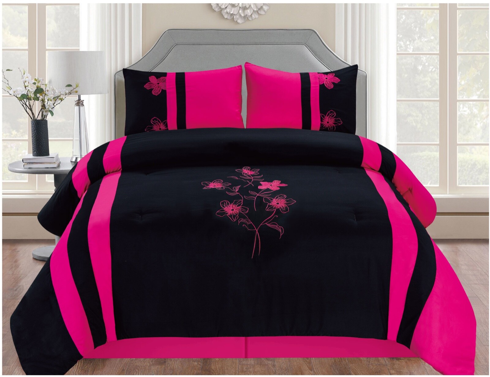 Embroidered Floral Pink and Black Comforter Set with Sheet Set! gallery