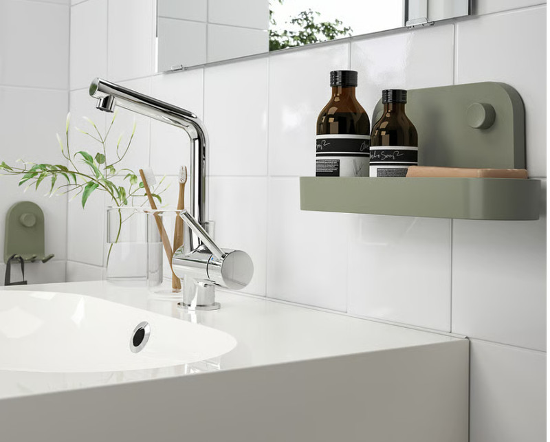 ÖBONÄS Wall shelf with suction cup, gray-green, 11 "x4 ¾ "x4" gallery