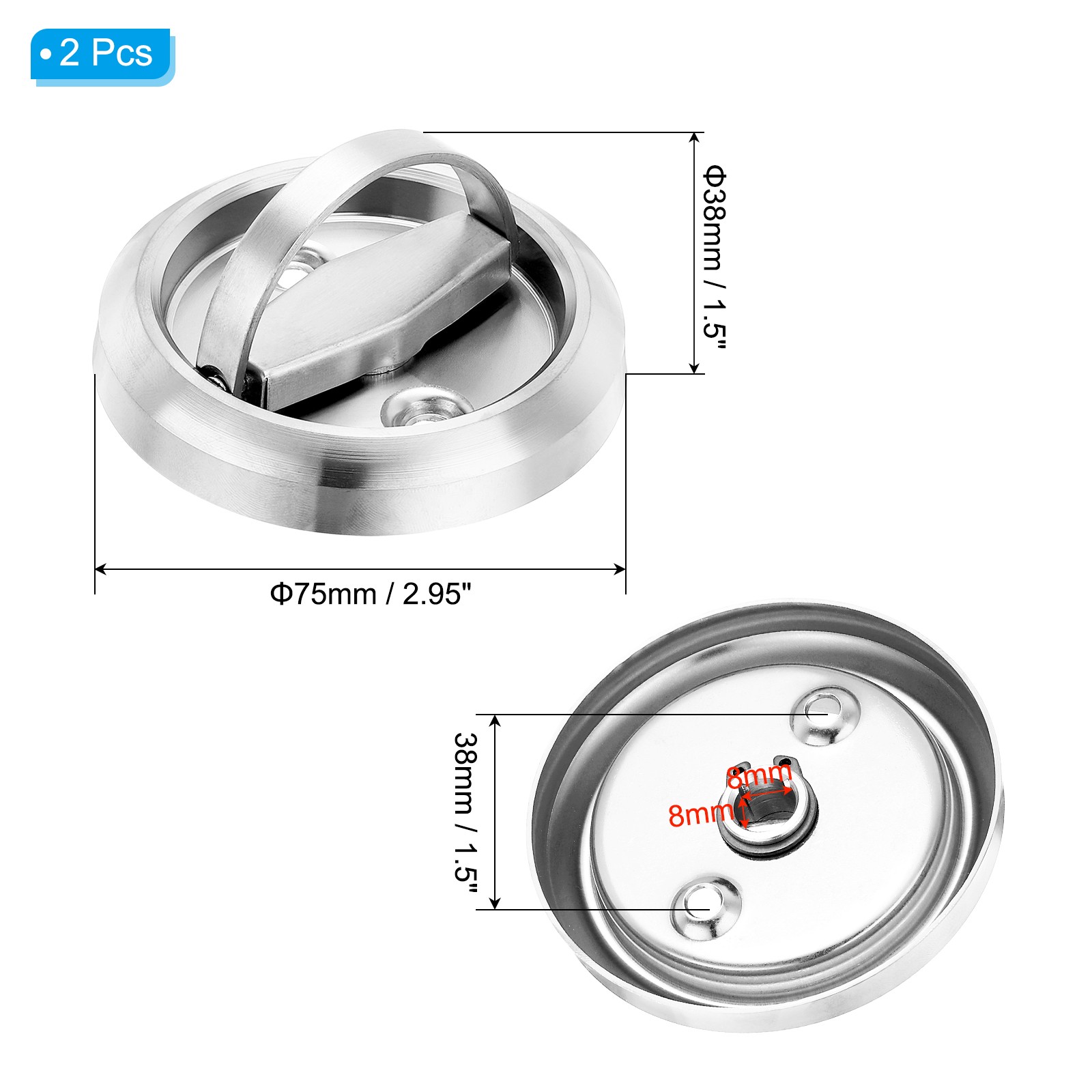 2 Pcs Recessed Door Handles Round Flush Pulls Embedded Hidden Silver gallery