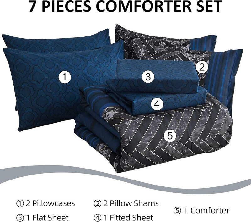 Navy Blue Comforter Set King Size, 7 Pieces Stripe Geometric Bed in a Bag, Soft gallery