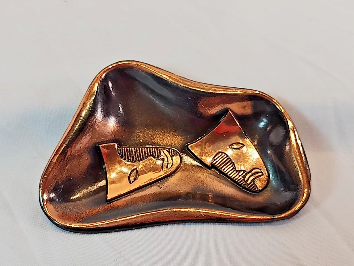 Unsigned Amorphous Theater Mask Brass Copper Black Trinket Dish gallery
