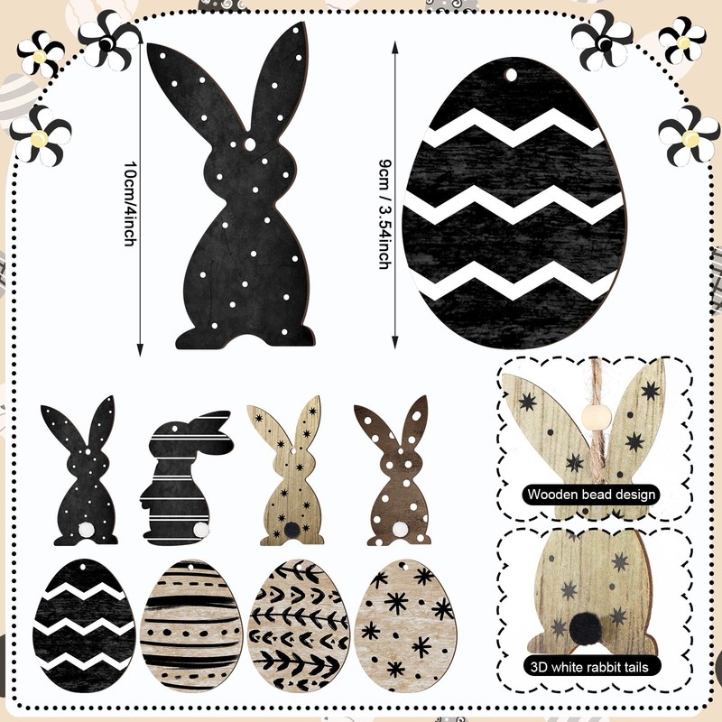 Pinkunn 24 Pcs Easter Ornaments for Tree Black, White, Natural Wood Color gallery