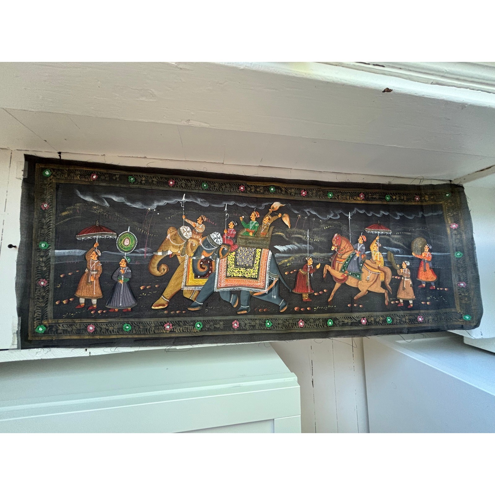 Indian Tapestry Royal Procession Scene Black Hand Painted Folk Art Hindu gallery