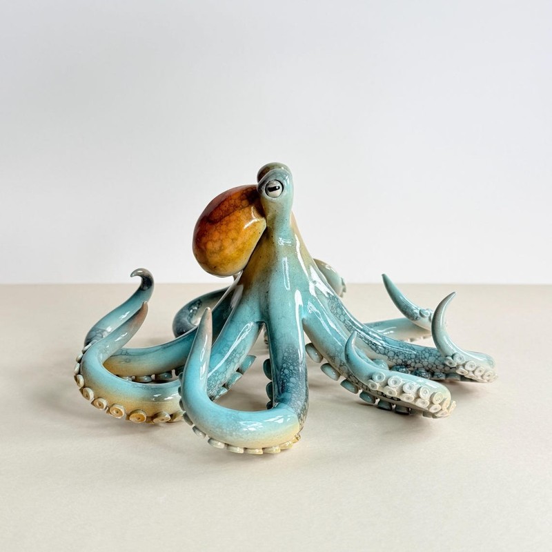 Ceramic Octopus Sculpture Teal, Orange, Black Bubble Glaze Tabletop Art gallery