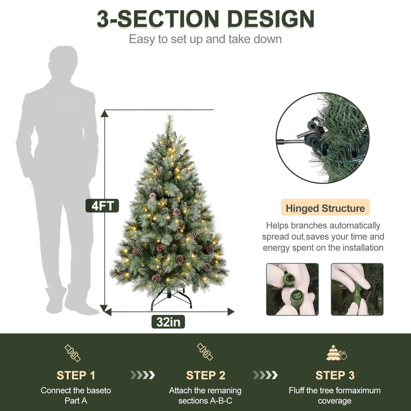 4 FT Prelit Artificial Snow Tips Christmas Tree With 150 Lights 32 Pinecones gallery