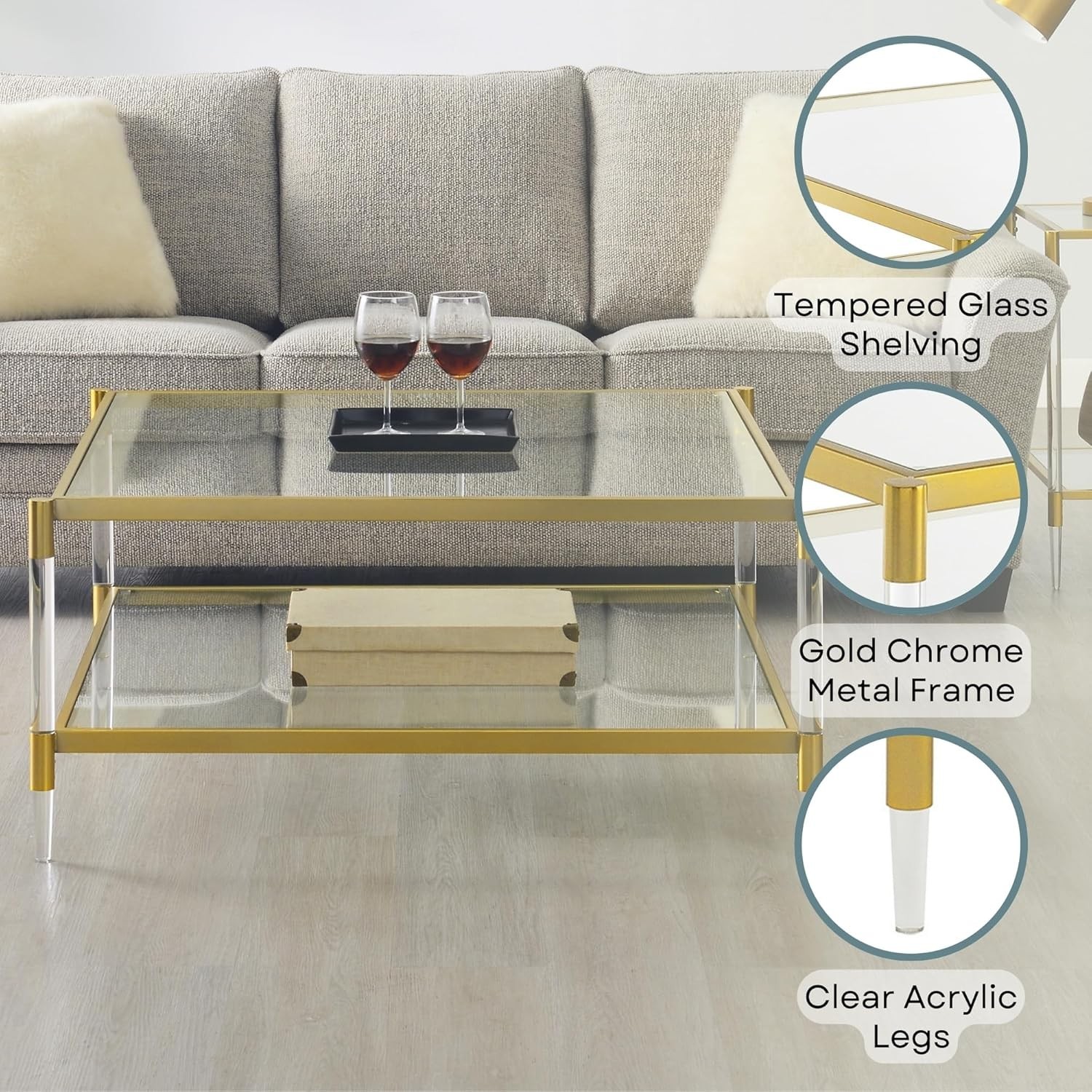 Royal Crest Acrylic Glass Square Coffee Table 34" Modern 2-Tier Tempered Glass gallery